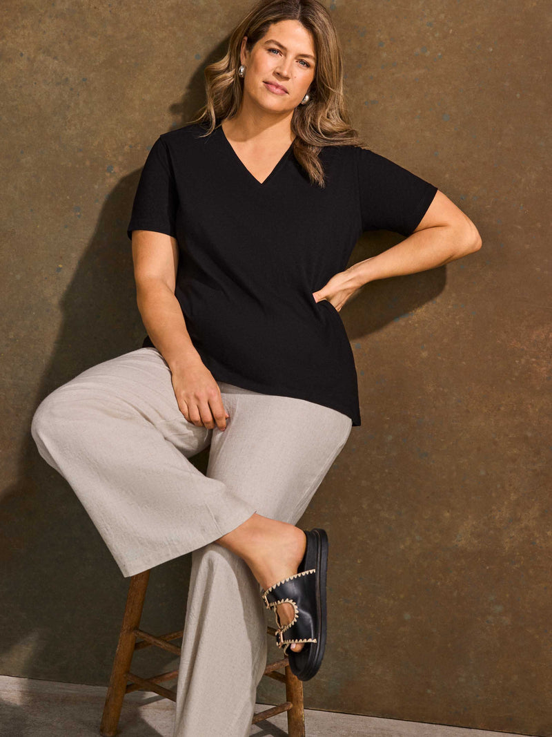 Black Cotton Slub V Neck T-Shirt