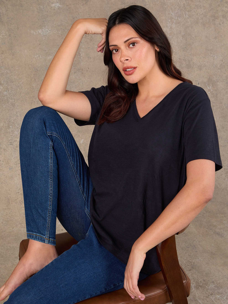 Navy Cotton Slub V Neck T-Shirt Blue Plus Size Curve
