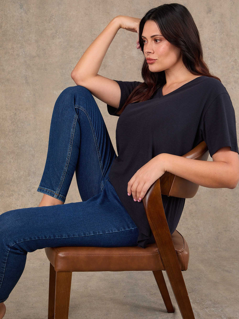 Navy Cotton Slub V Neck T-Shirt Blue Plus Size Curve