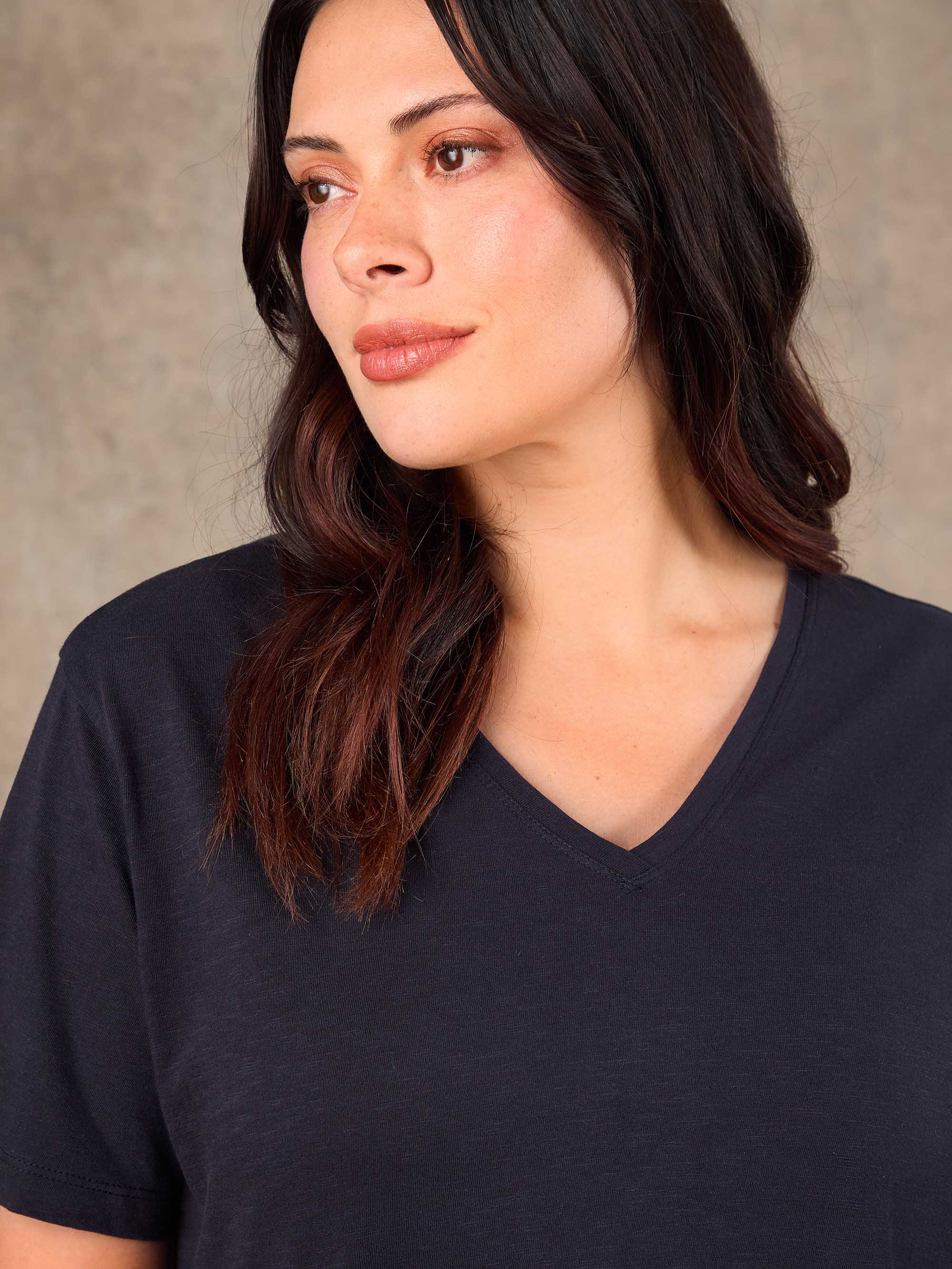 Navy Cotton Slub V Neck T-Shirt Blue Plus Size Curve