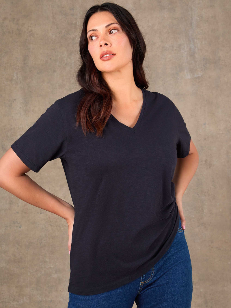 Navy Cotton Slub V Neck T-Shirt Blue Plus Size Curve