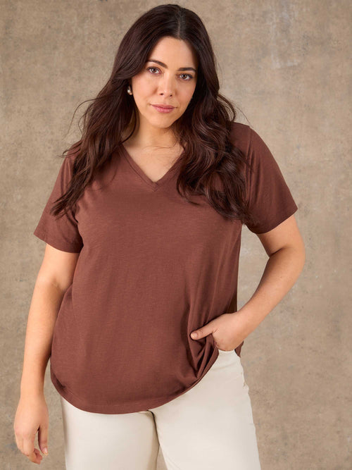 Brown Cotton Slub V Neck T-Shirt 