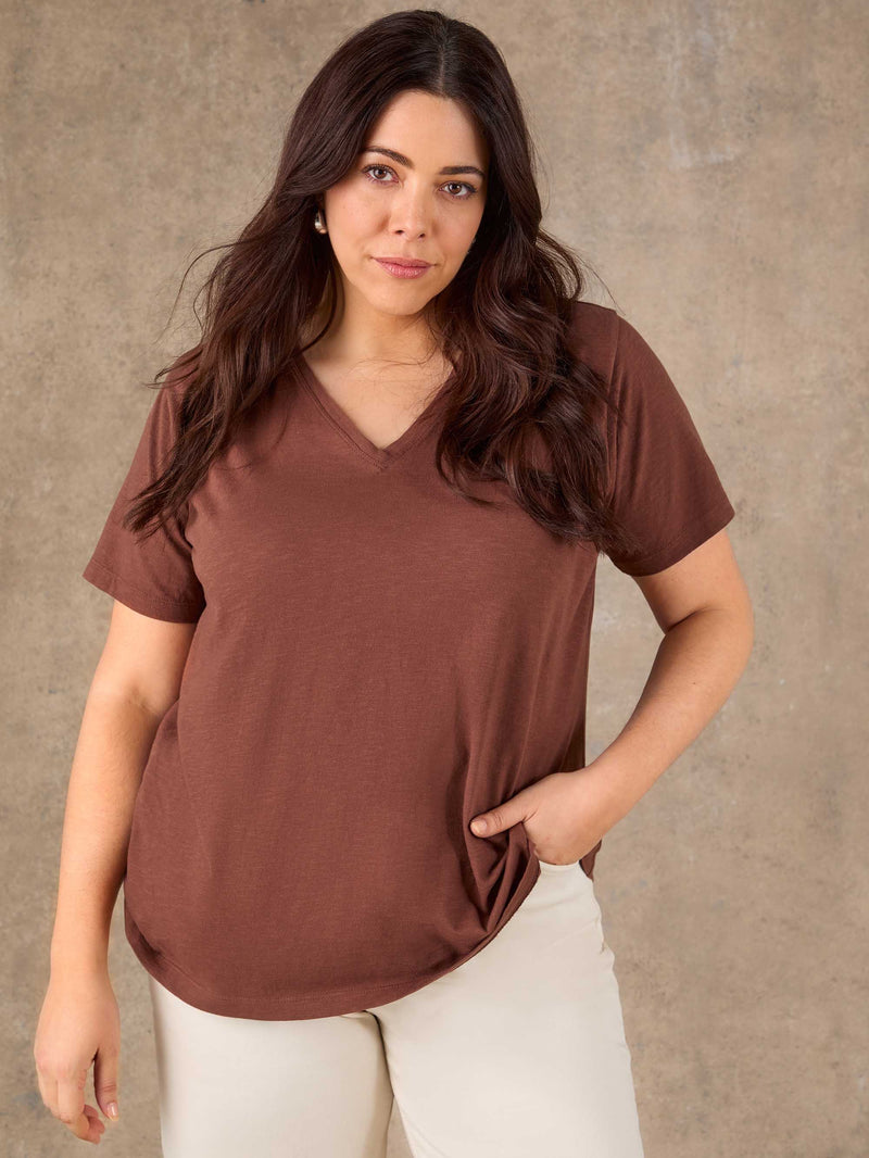 Brown Cotton Slub V Neck T-Shirt 