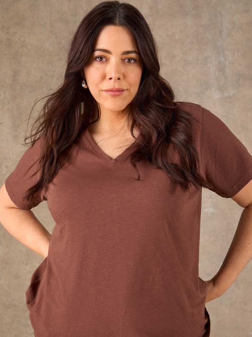 Chocolate Cotton Slub V Neck T-Shirt