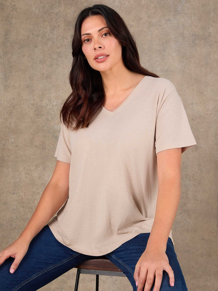 Oatmeal Cotton Slub V Neck T-Shirt