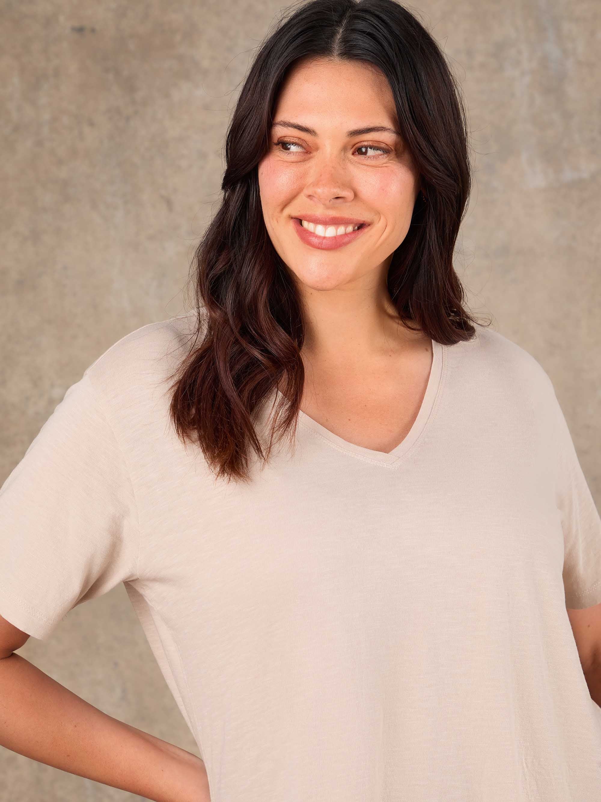 Oatmeal Cotton Slub V Neck T-Shirt