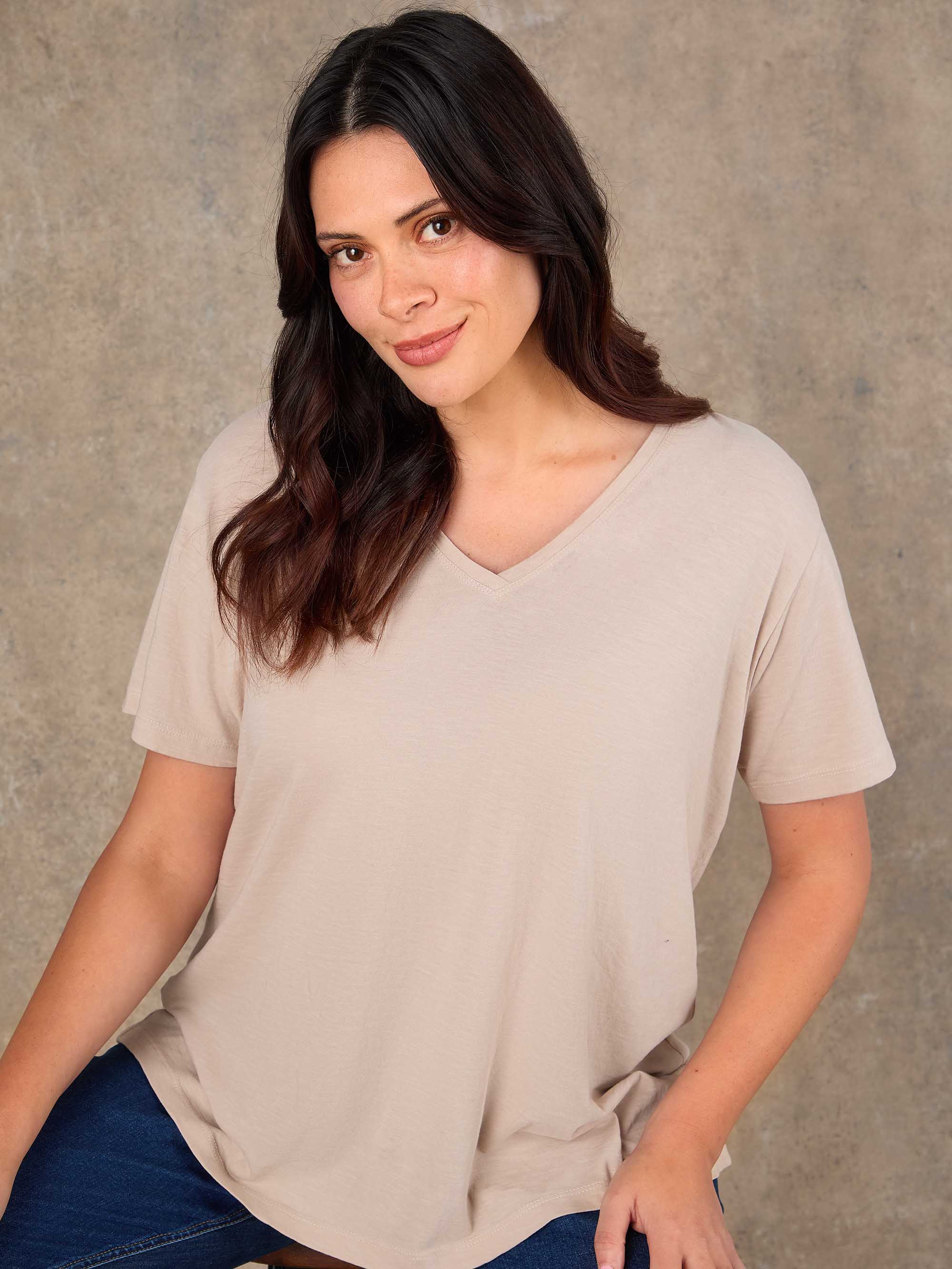 Oatmeal Cotton Slub V Neck T-Shirt