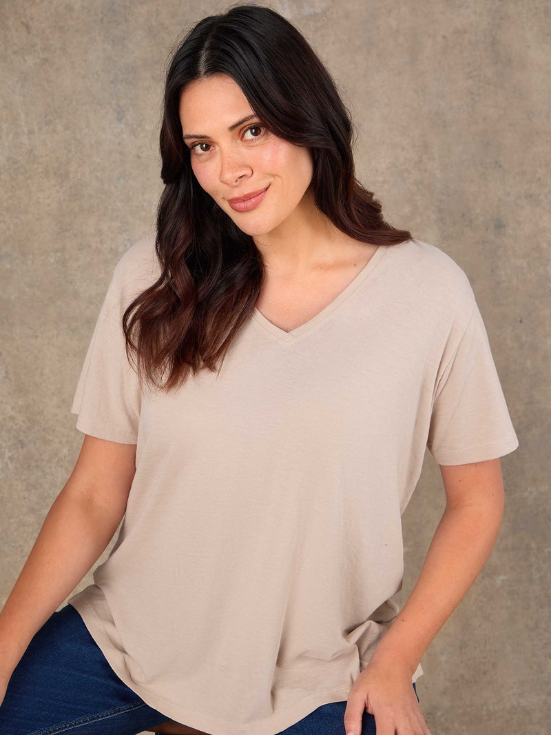 Oatmeal Cotton Slub V Neck T-Shirt