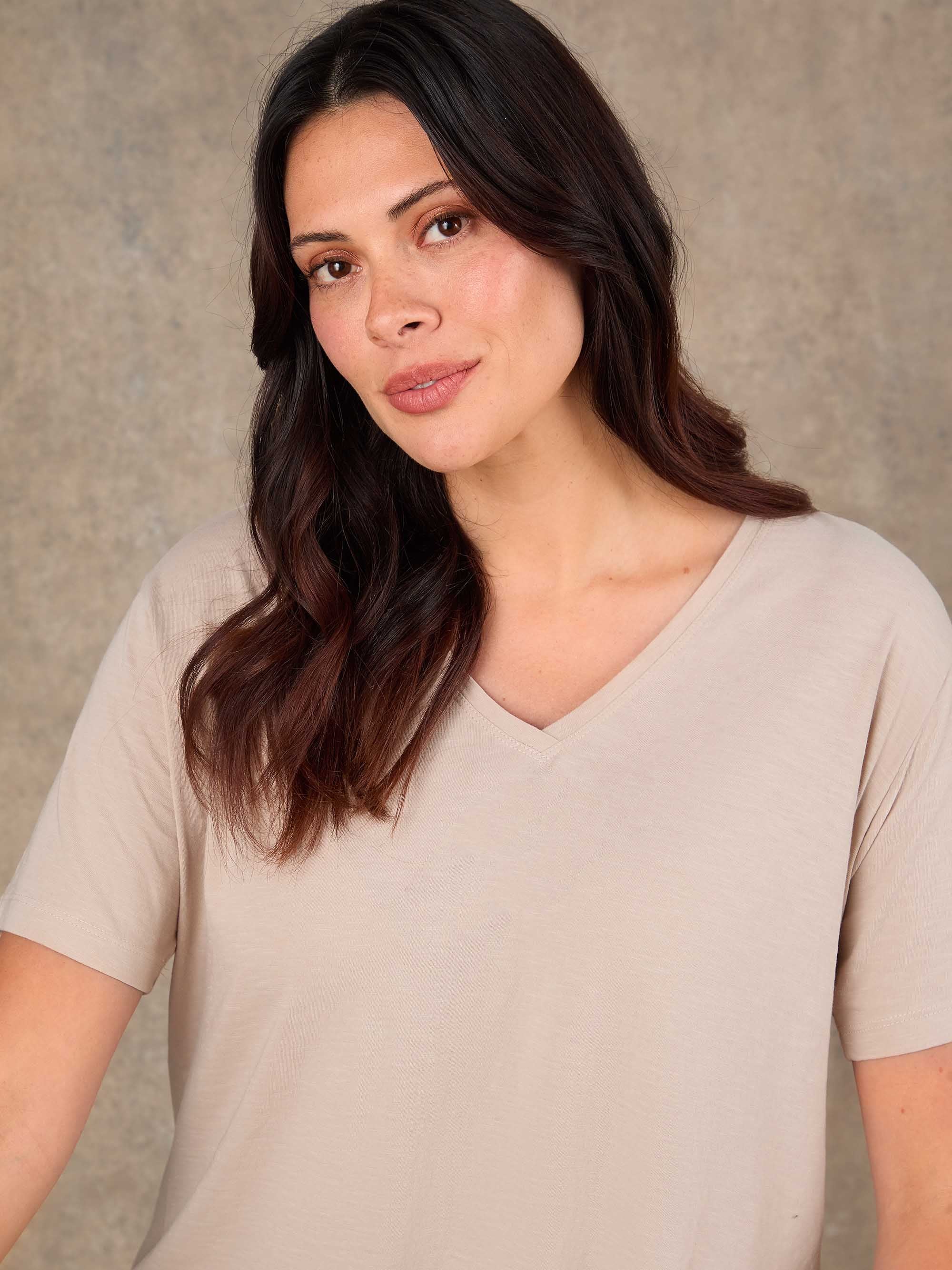 Oatmeal Cotton Slub V Neck T-Shirt