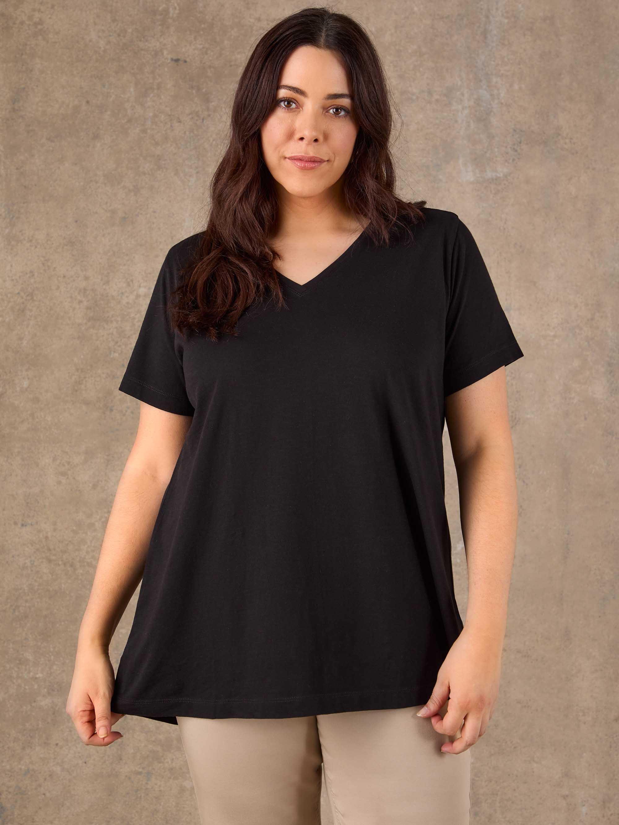 Black Cotton Slub Longline V Neck T-Shirt Plus Size Curve
