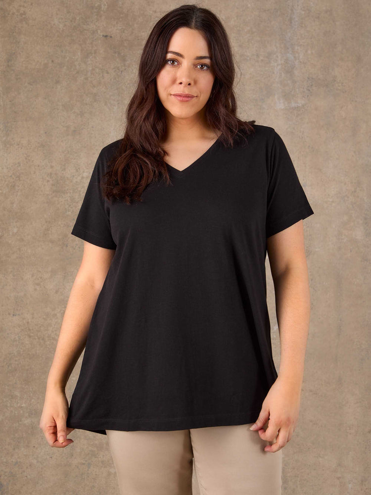 Black Cotton Slub Longline V Neck T-Shirt Plus Size Curve