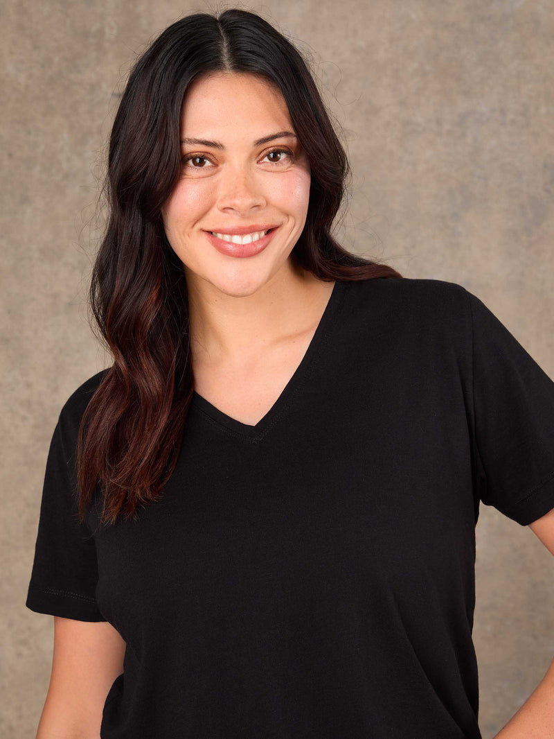 Black Cotton Slub Longline V Neck T-Shirt Plus Size Curve