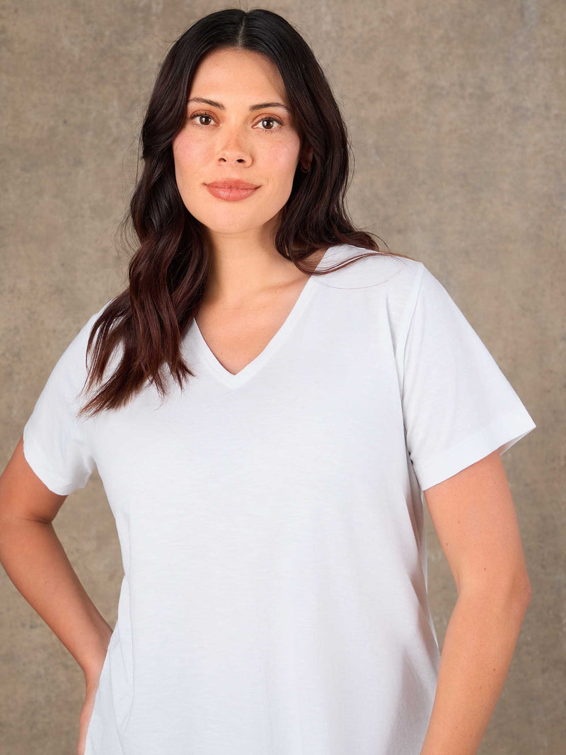 White Cotton Slub Longline V Neck T-Shirt