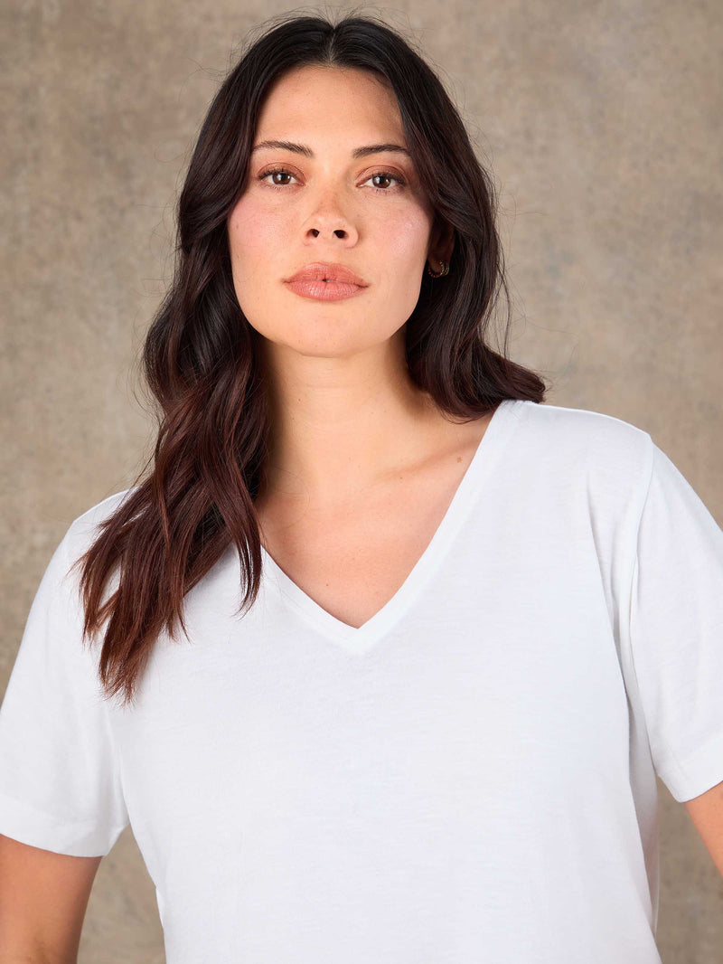 White Cotton Slub Longline V Neck T-Shirt