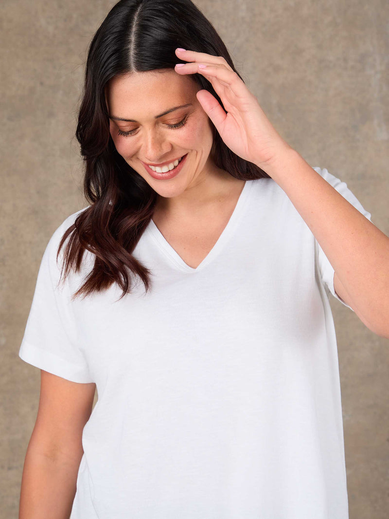 White Cotton Slub Longline V Neck T-Shirt