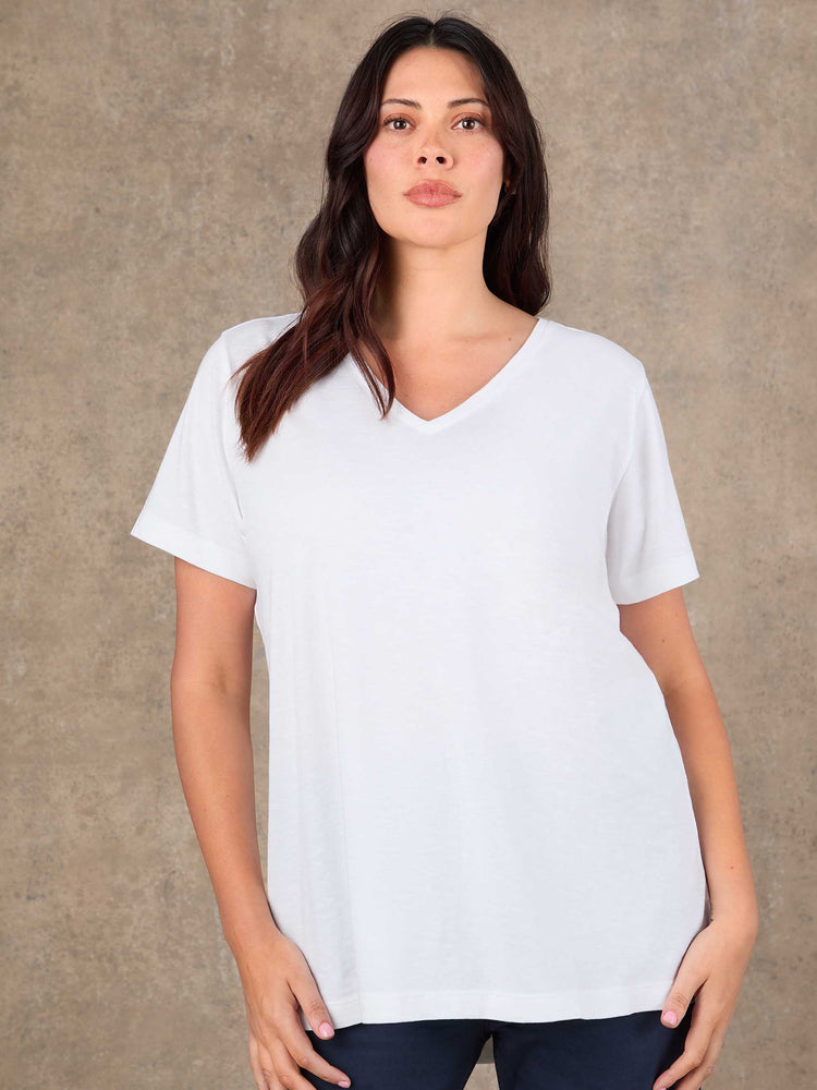 White Cotton Slub Longline V Neck T-Shirt