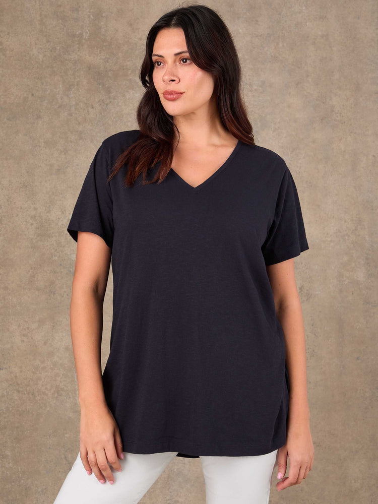 Navy Cotton Slub Longline V Neck T-Shirt