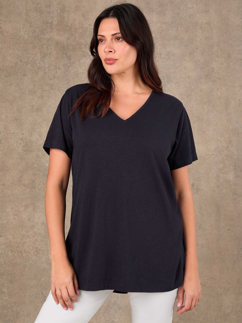 Navy Cotton Slub Longline V Neck T-Shirt