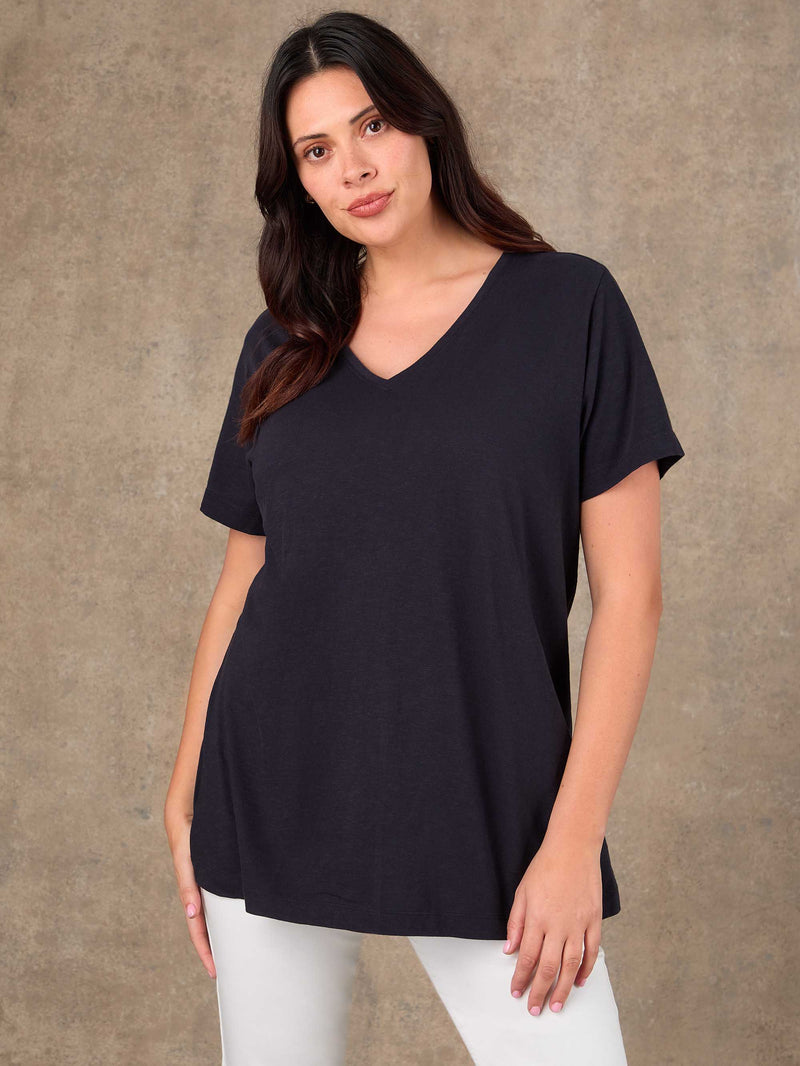 Navy Cotton Slub Longline V Neck T-Shirt