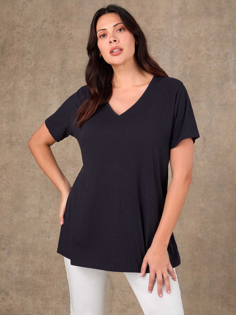 Navy Cotton Slub Longline V Neck T-Shirt