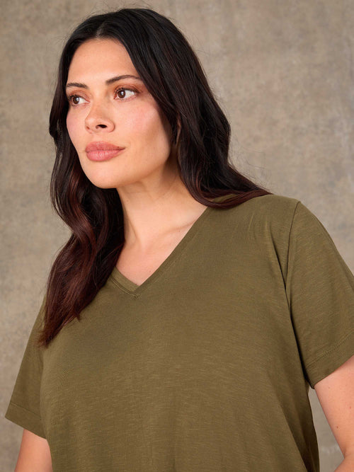 Khaki Cotton Slub Longline V Neck T-Shirt