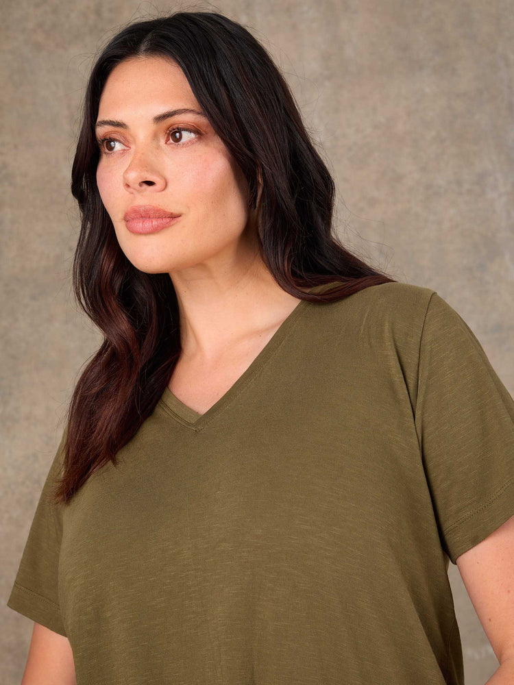Khaki Cotton Slub Longline V Neck T-Shirt