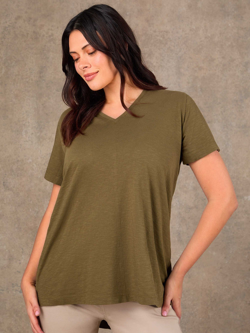 Khaki Cotton Slub Longline V Neck T-Shirt
