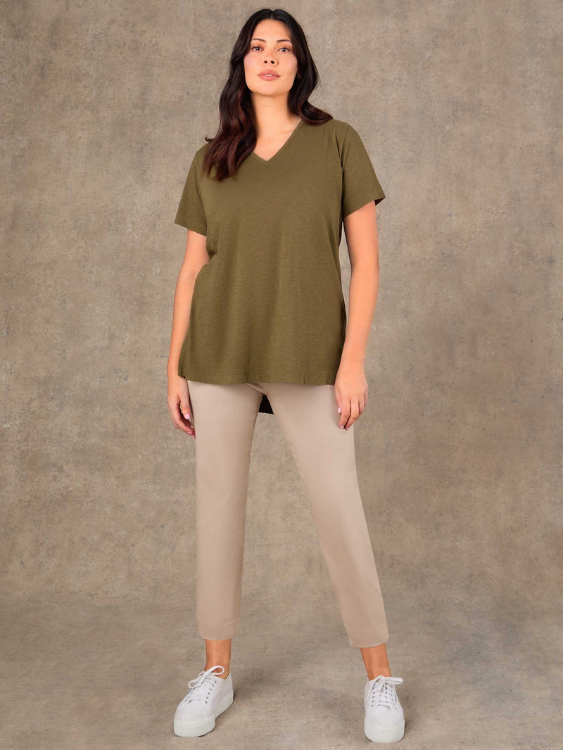 Khaki Cotton Slub Longline V Neck T-Shirt