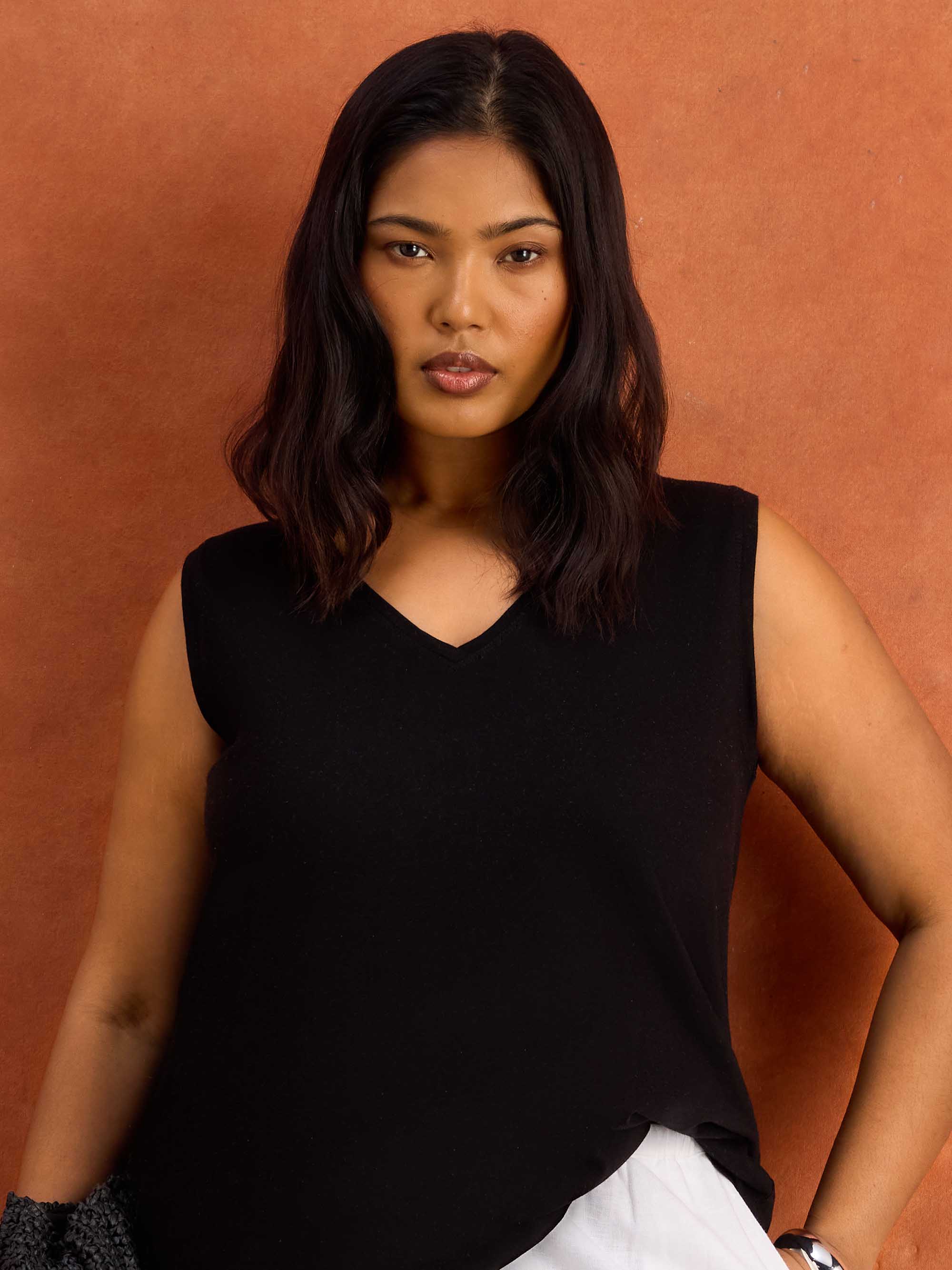 Black Cotton Slub V Neck Vest Cotton loungewear