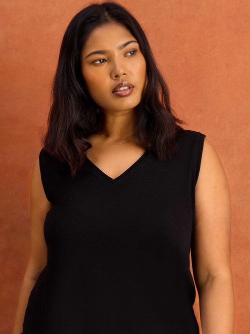 Black Cotton Slub V Neck Vest Cotton plus size