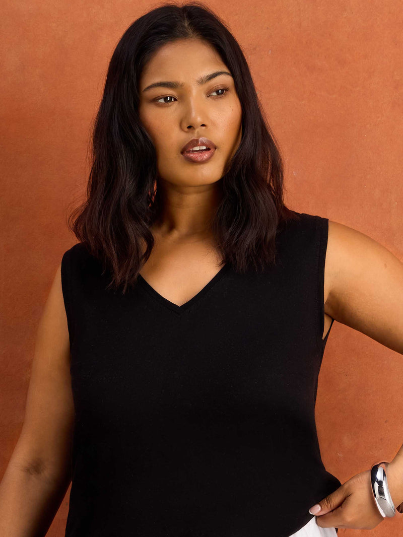 Black Cotton Slub V Neck Vest Cotton plus size resort