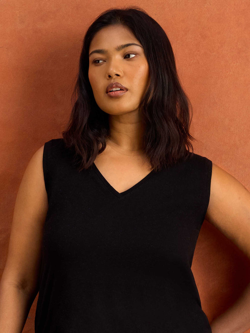Black Cotton Slub V Neck Vest Cotton plus size resort