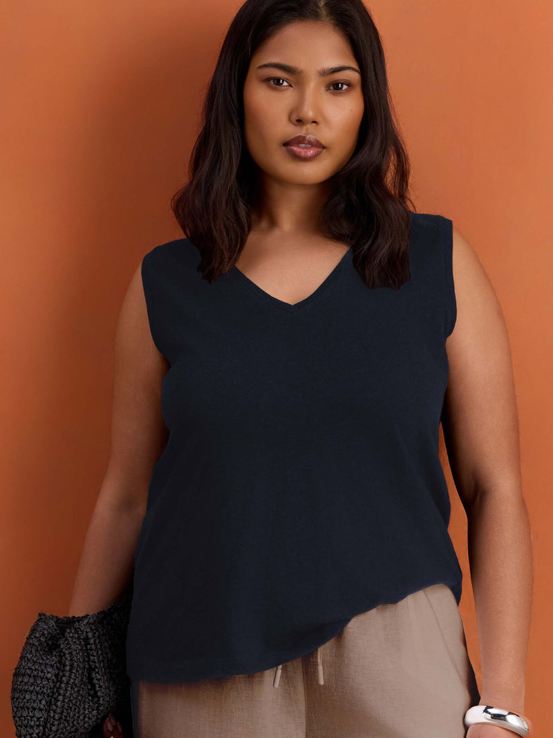 Navy Cotton Slub V Neck Vest With Curved Hem