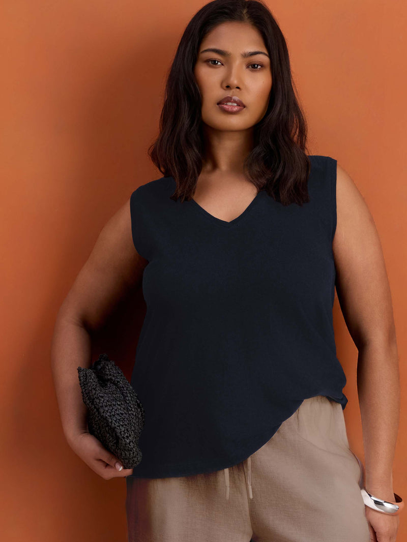 Navy Cotton Slub V Neck Vest With Curved Hem