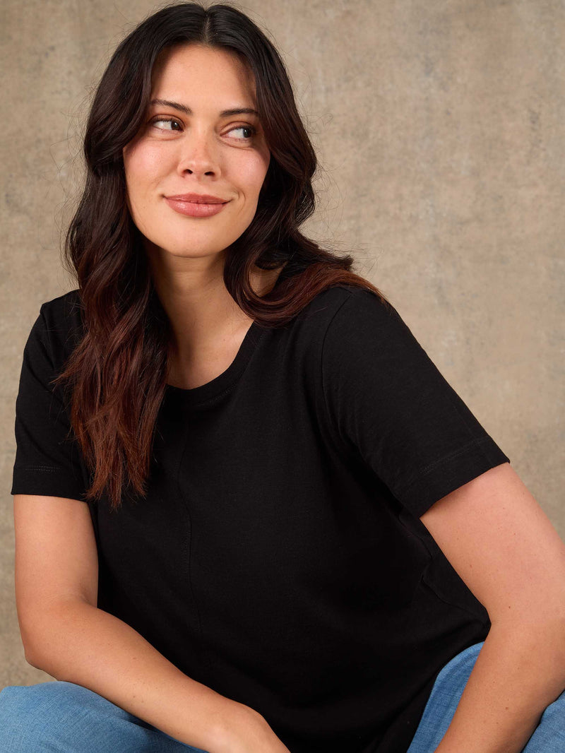 Black Cotton Slub Round Neck Seam Detail T-Shirt