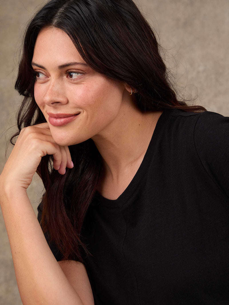 Black Cotton Slub Round Neck Seam Detail T-Shirt