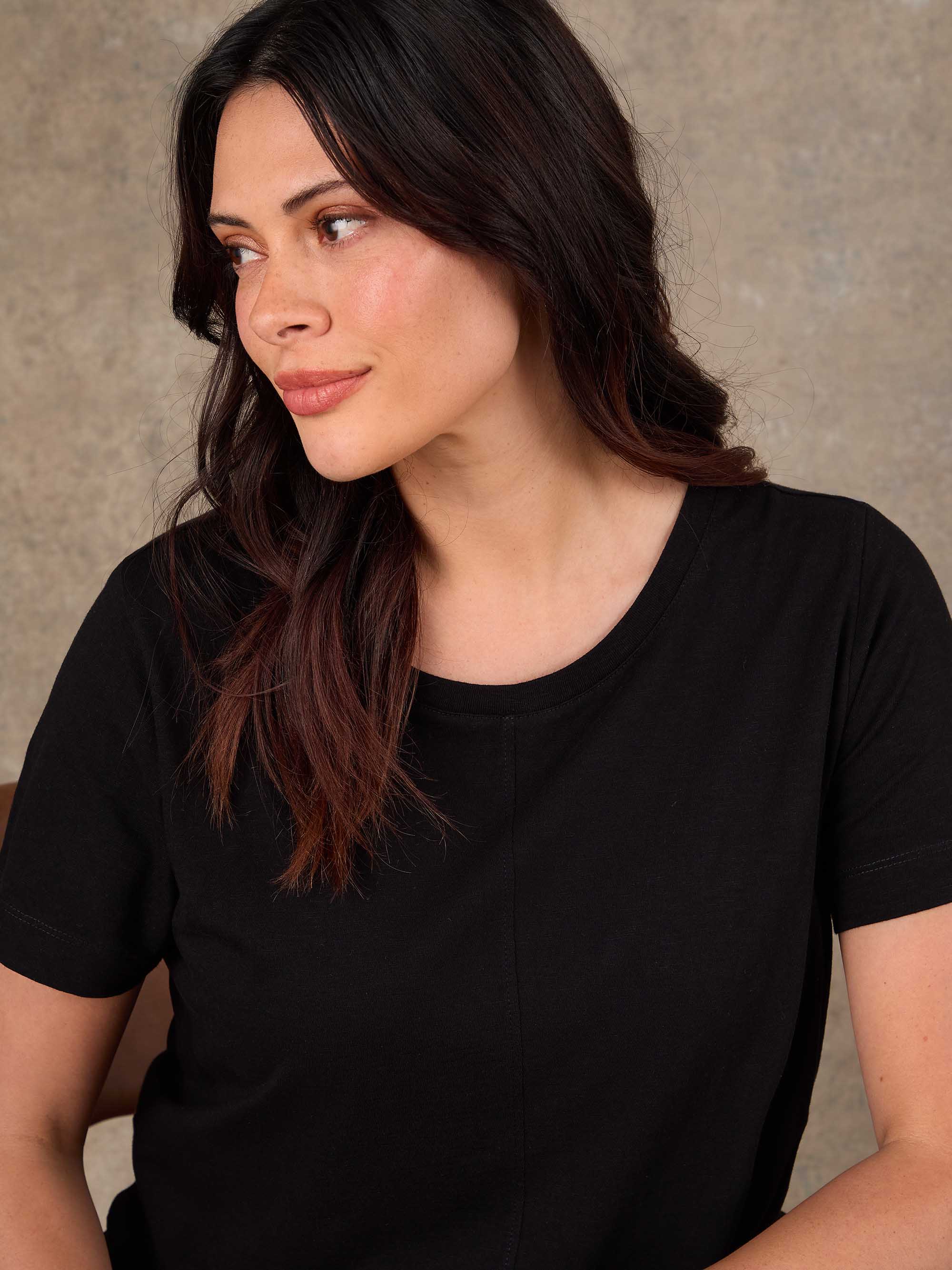Black Cotton Slub Round Neck Seam Detail T-Shirt