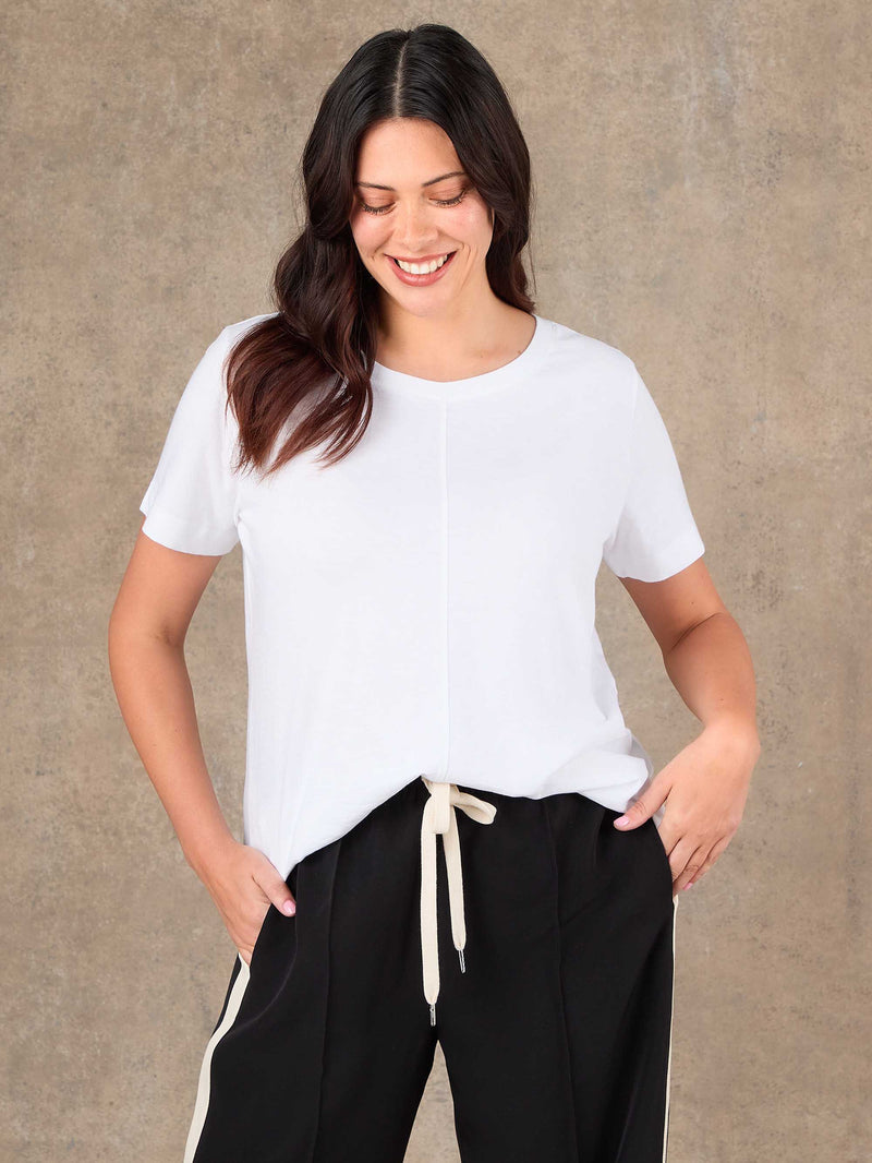 White Cotton Slub Round Neck Seam Detail T-Shirt
