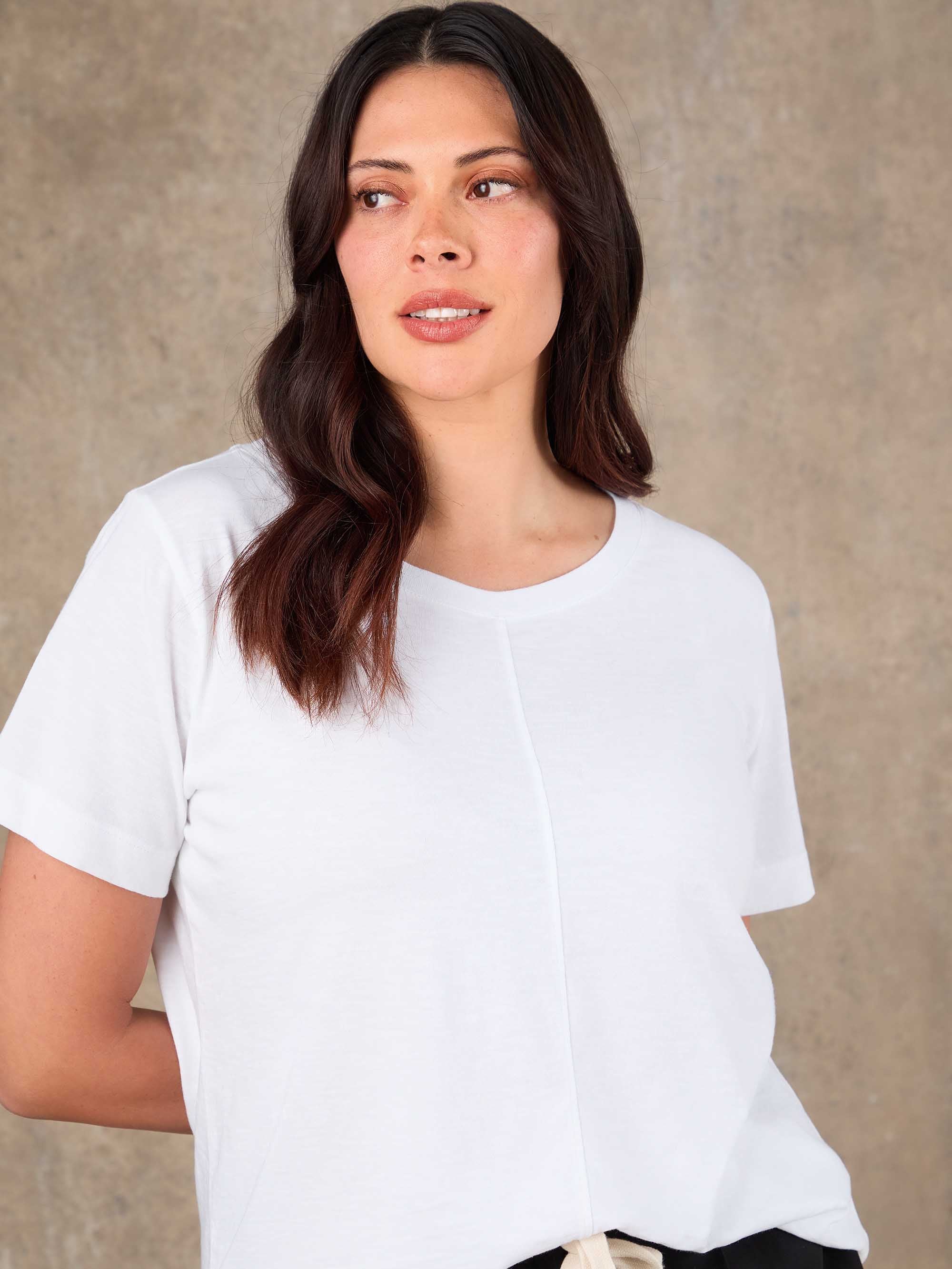 White Cotton Slub Round Neck Seam Detail T-Shirt