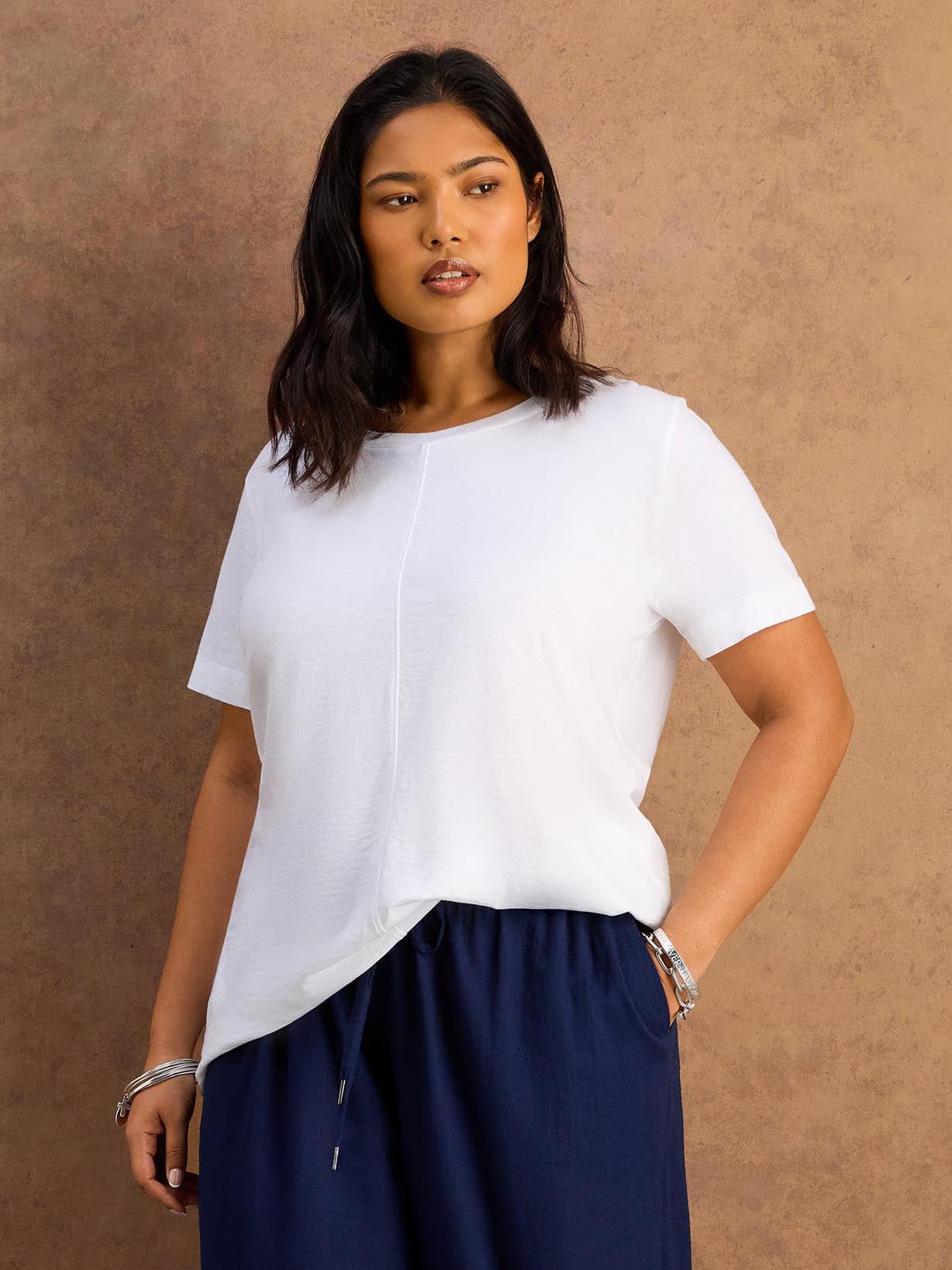 White Cotton Slub Round Neck Seam Detail T-Shirt