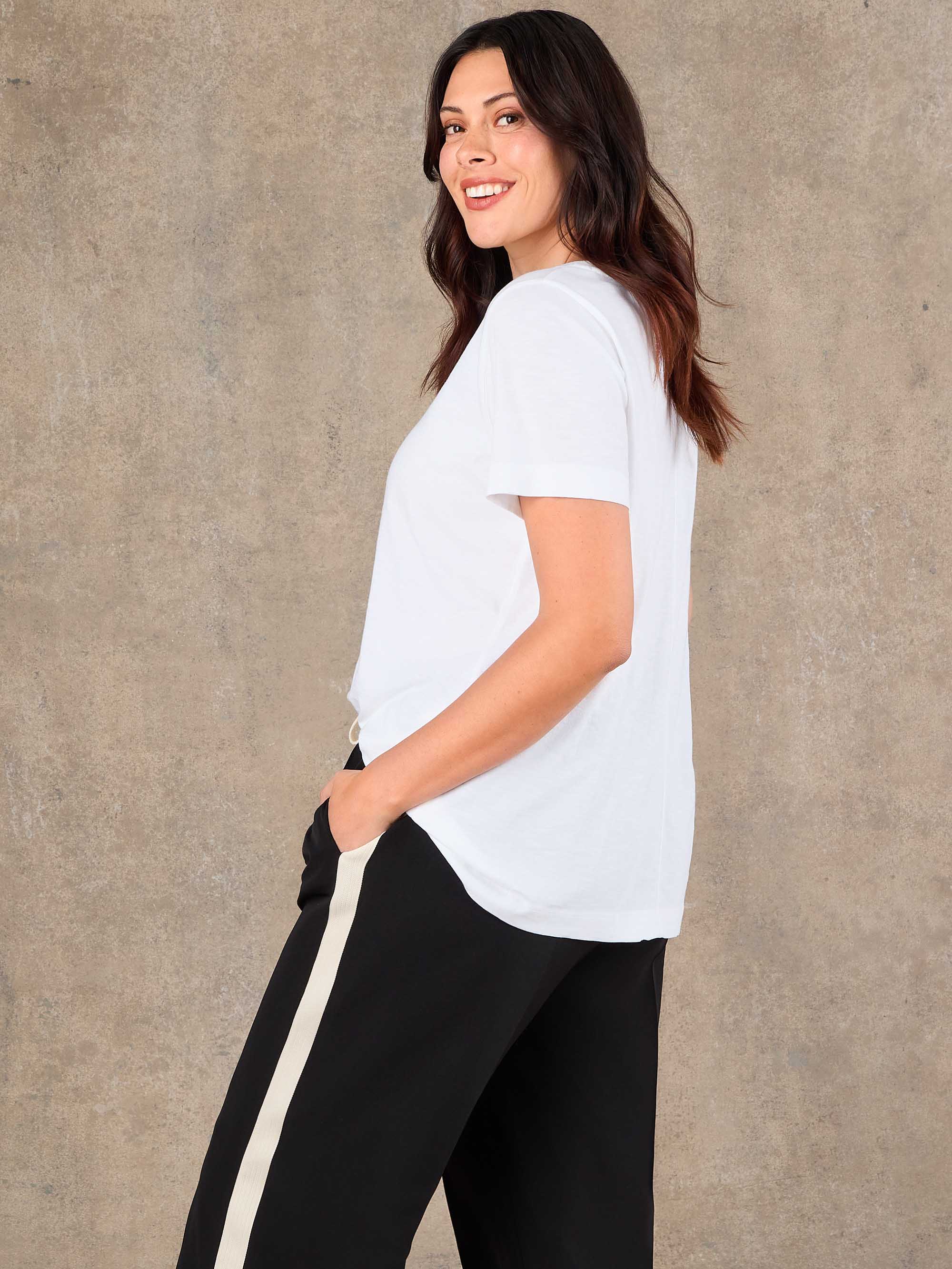 White Cotton Slub Round Neck Seam Detail T-Shirt