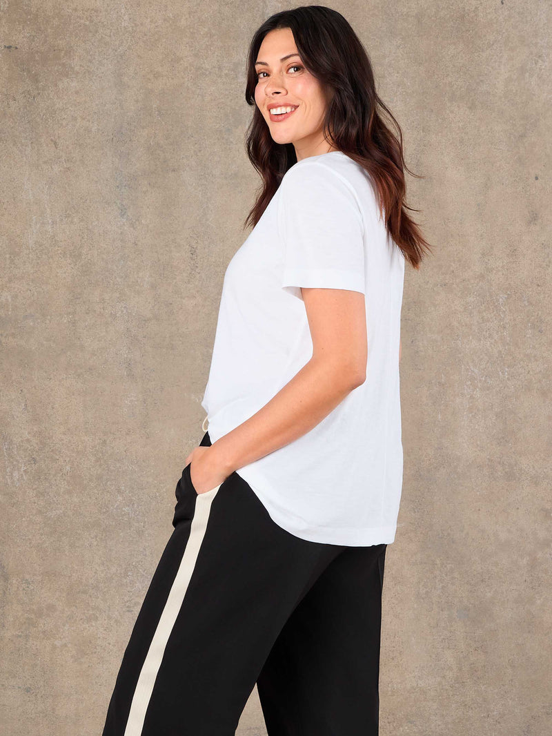 White Cotton Slub Round Neck Seam Detail T-Shirt