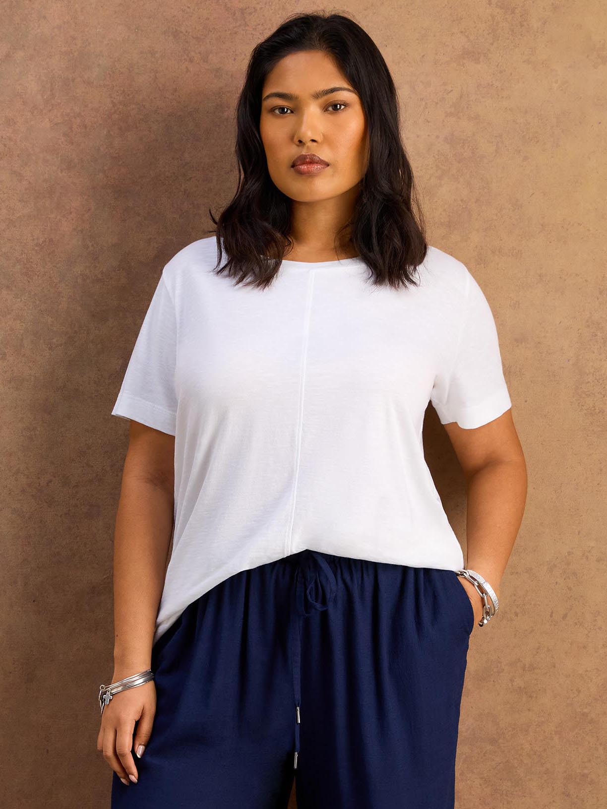 White Cotton Slub Round Neck Seam Detail T-Shirt
