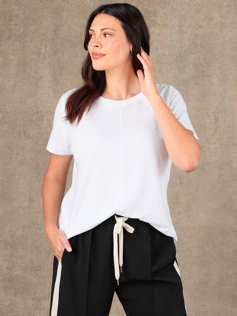 White Cotton Slub Round Neck Seam Detail T-Shirt