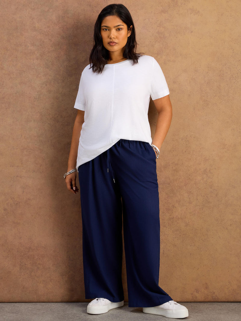 White Cotton Slub Round Neck Seam Detail T-Shirt