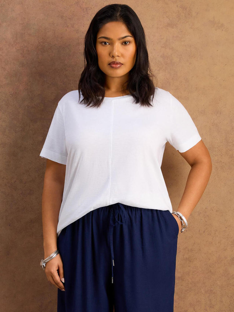 White Cotton Slub Round Neck Seam Detail T-Shirt