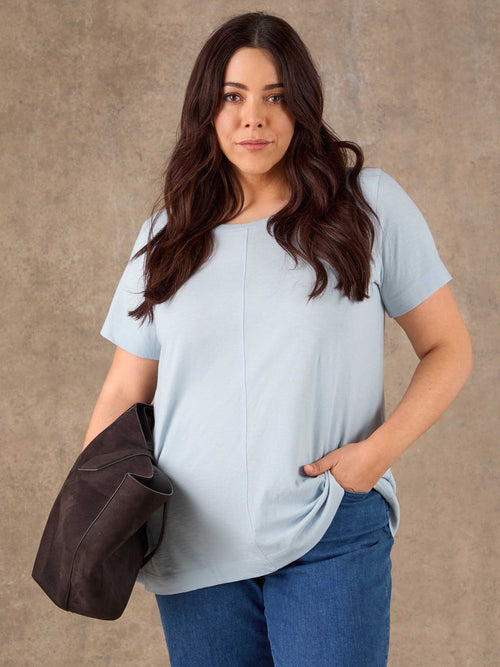 Pale Blue Cotton Slub Round Neck Seam Detail T-Shirt