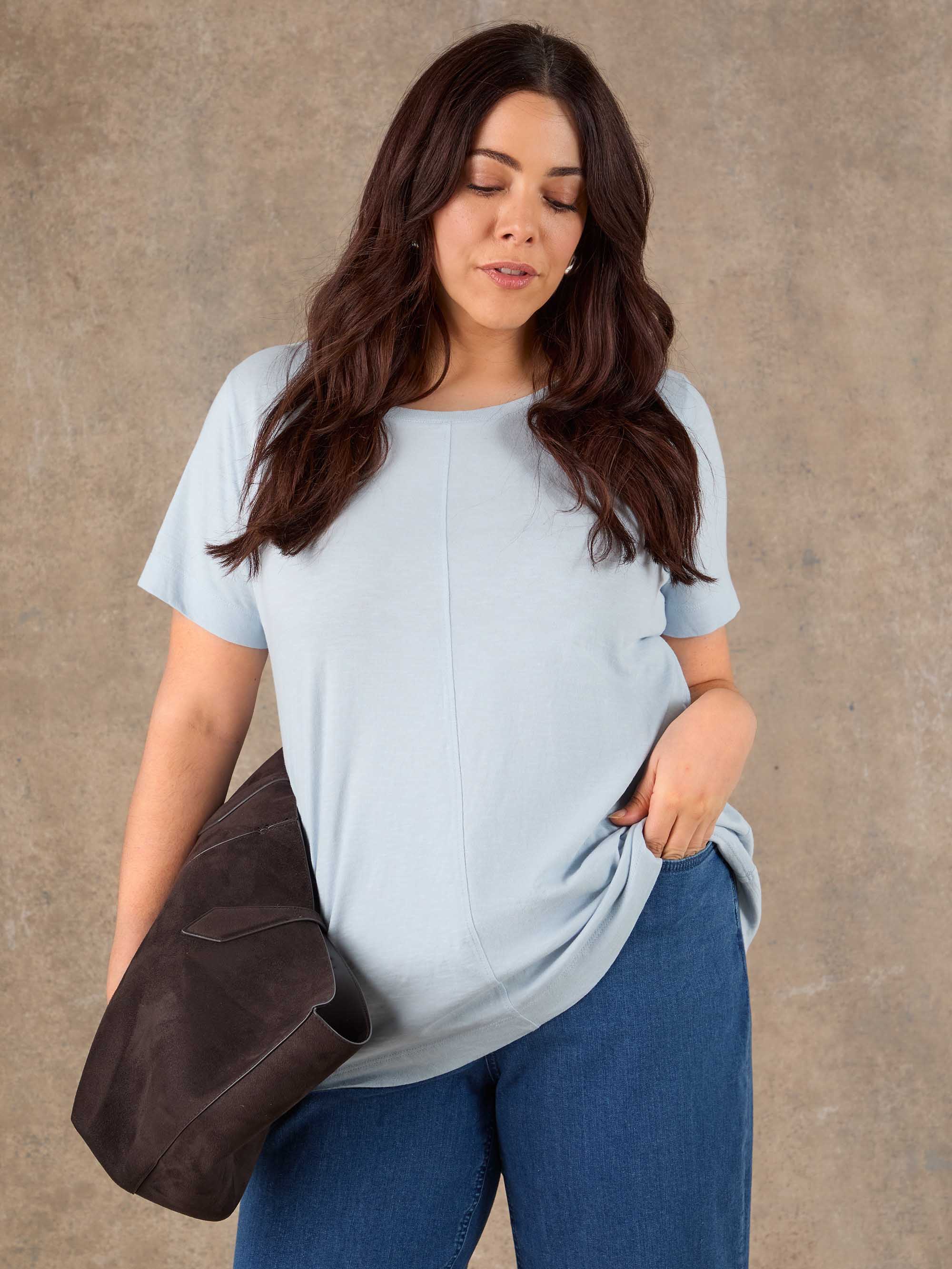 Pale Blue Cotton Slub Round Neck Seam Detail T-Shirt