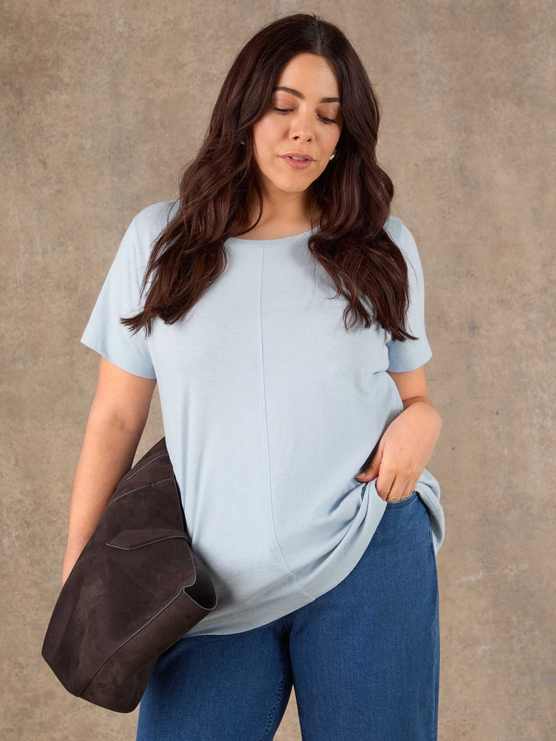 Pale Blue Cotton Slub Round Neck Seam Detail T-Shirt