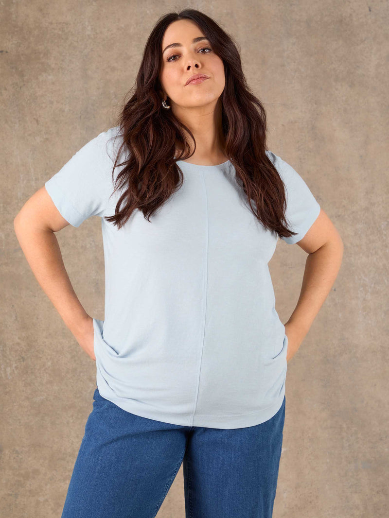 Pale Blue Cotton Slub Round Neck Seam Detail T-Shirt